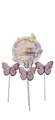 Pembe Gold Kelebek Happy Birthday Pasta Kürdan Set - 1